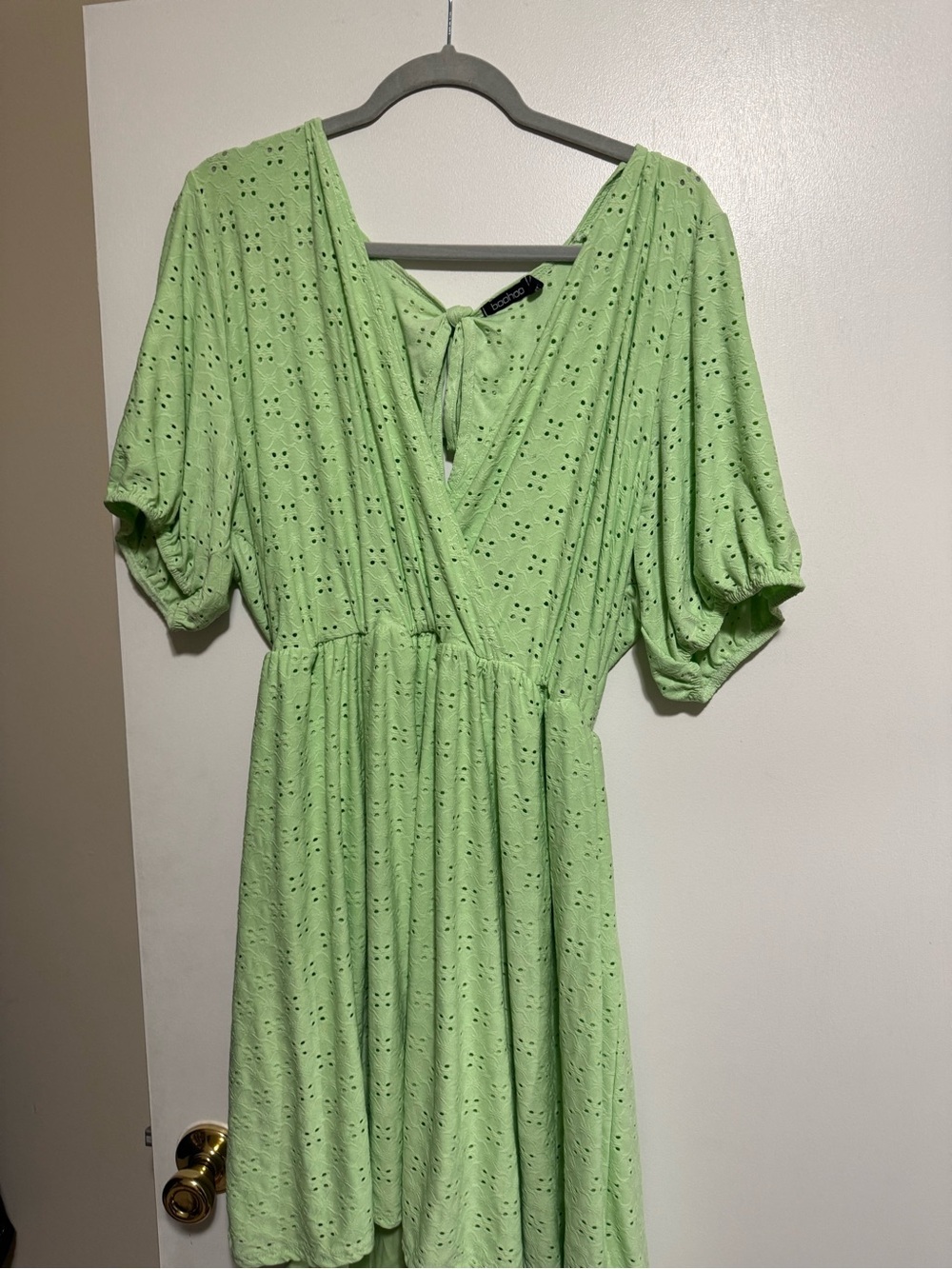 Boohoo Light Green Eyelet Wrap Dress with Puff Sleeves